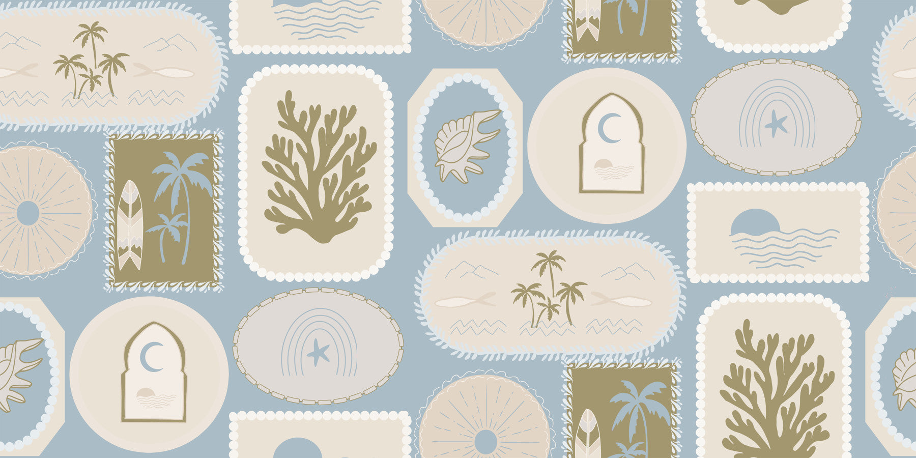 Soft Blue Coastal Frame Wallpaper Boho Tropical Wallpaper⁠