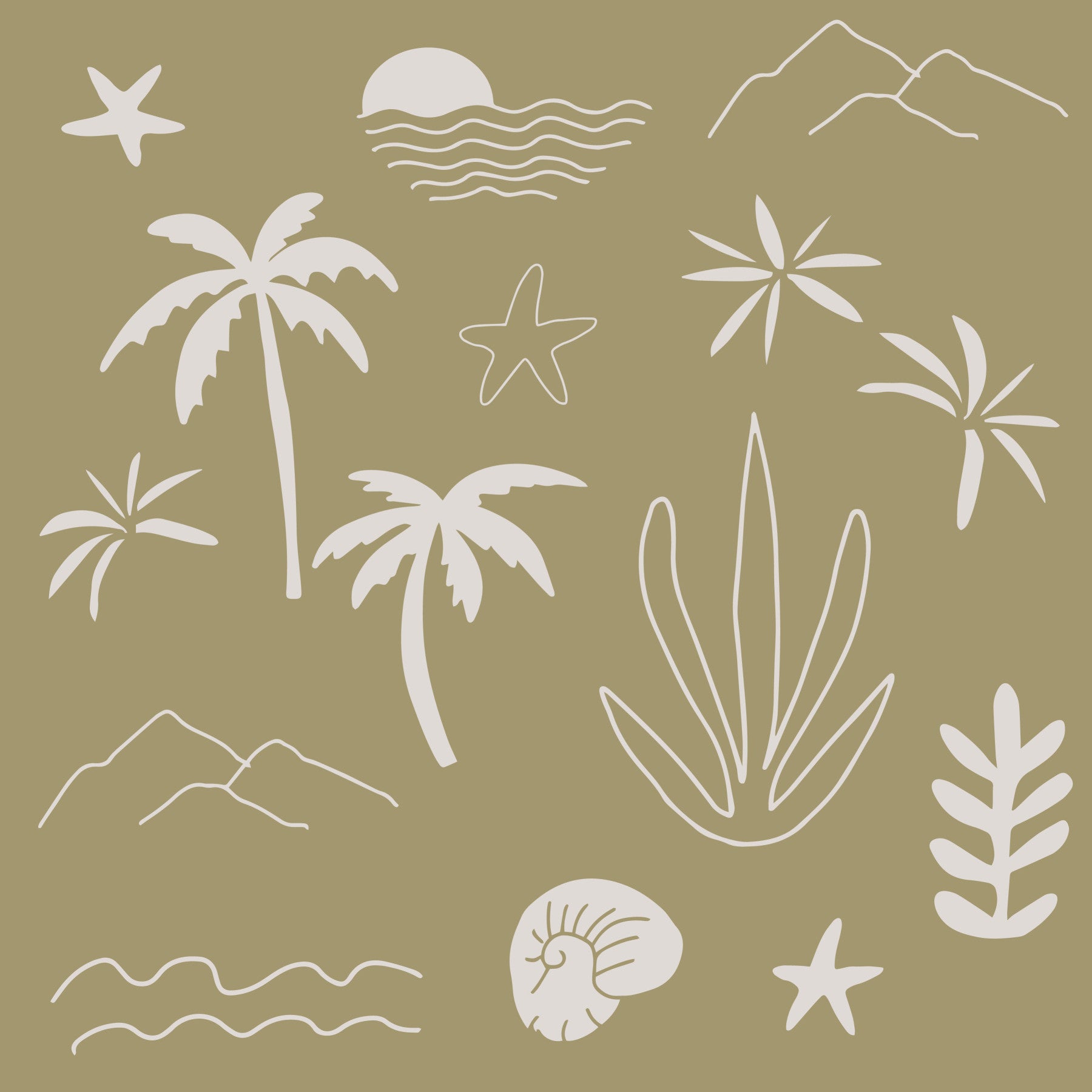 Dining room with Boho Coastal Wallpaper in soft olive and tropical line art