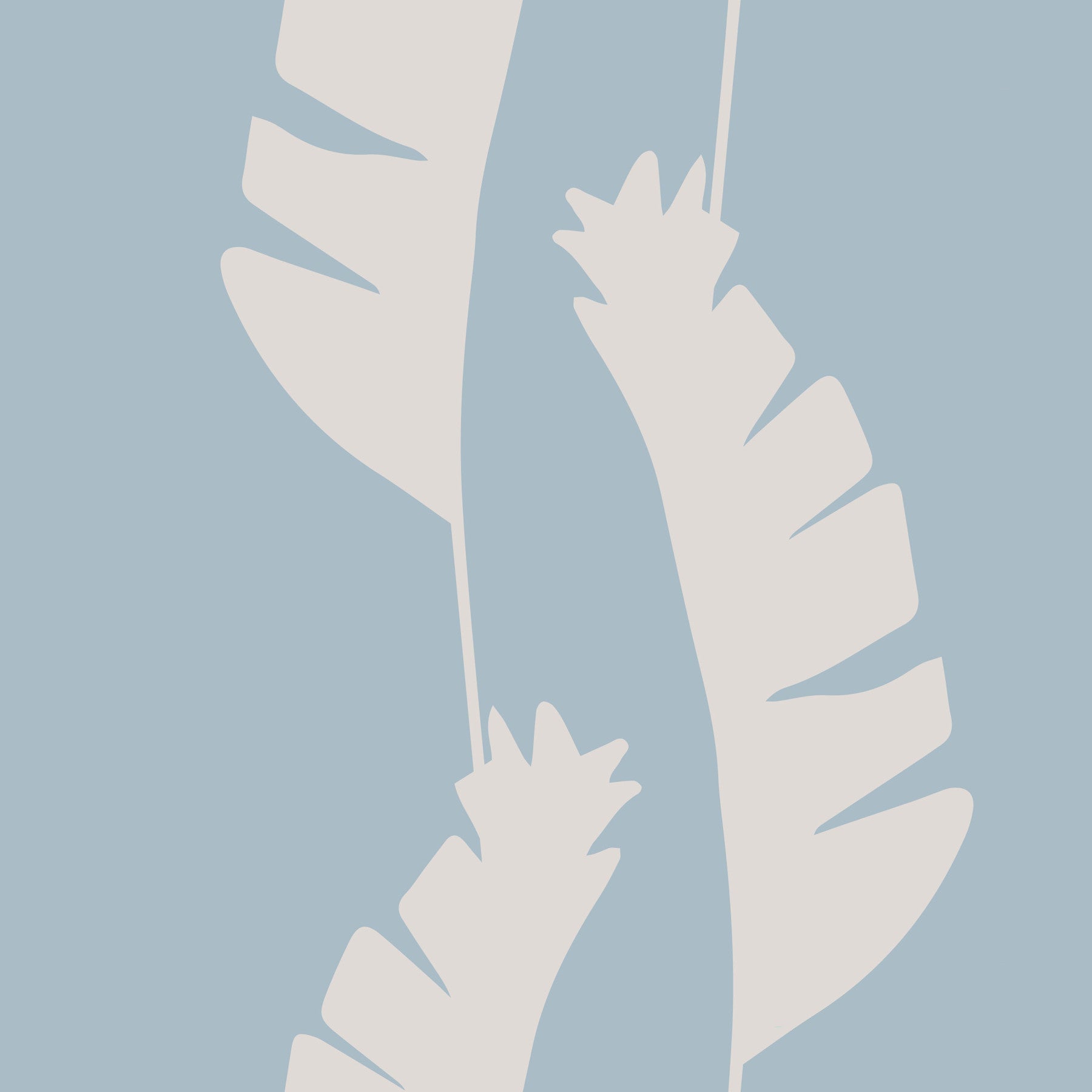 Blue botanical wallpaper with banana leaf forms and relaxed boho styling
