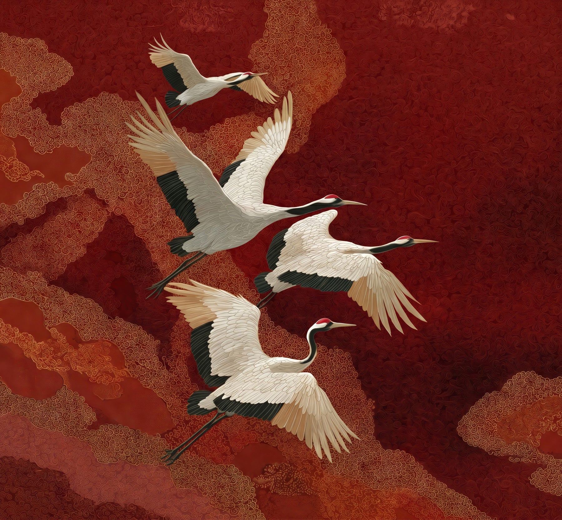 Crane Dance Wall Mural showing ivory wings against a dramatic crimson sky