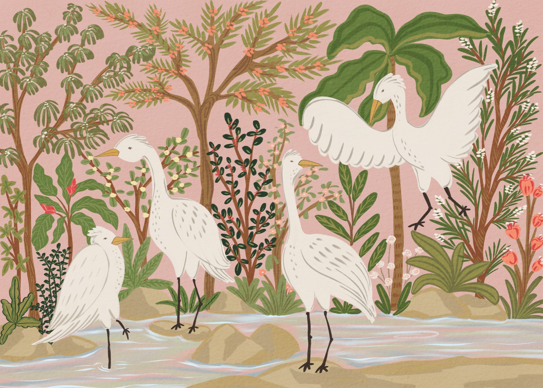 Graceful Egrets in a Serene Botanical Oasis Wall Mural
