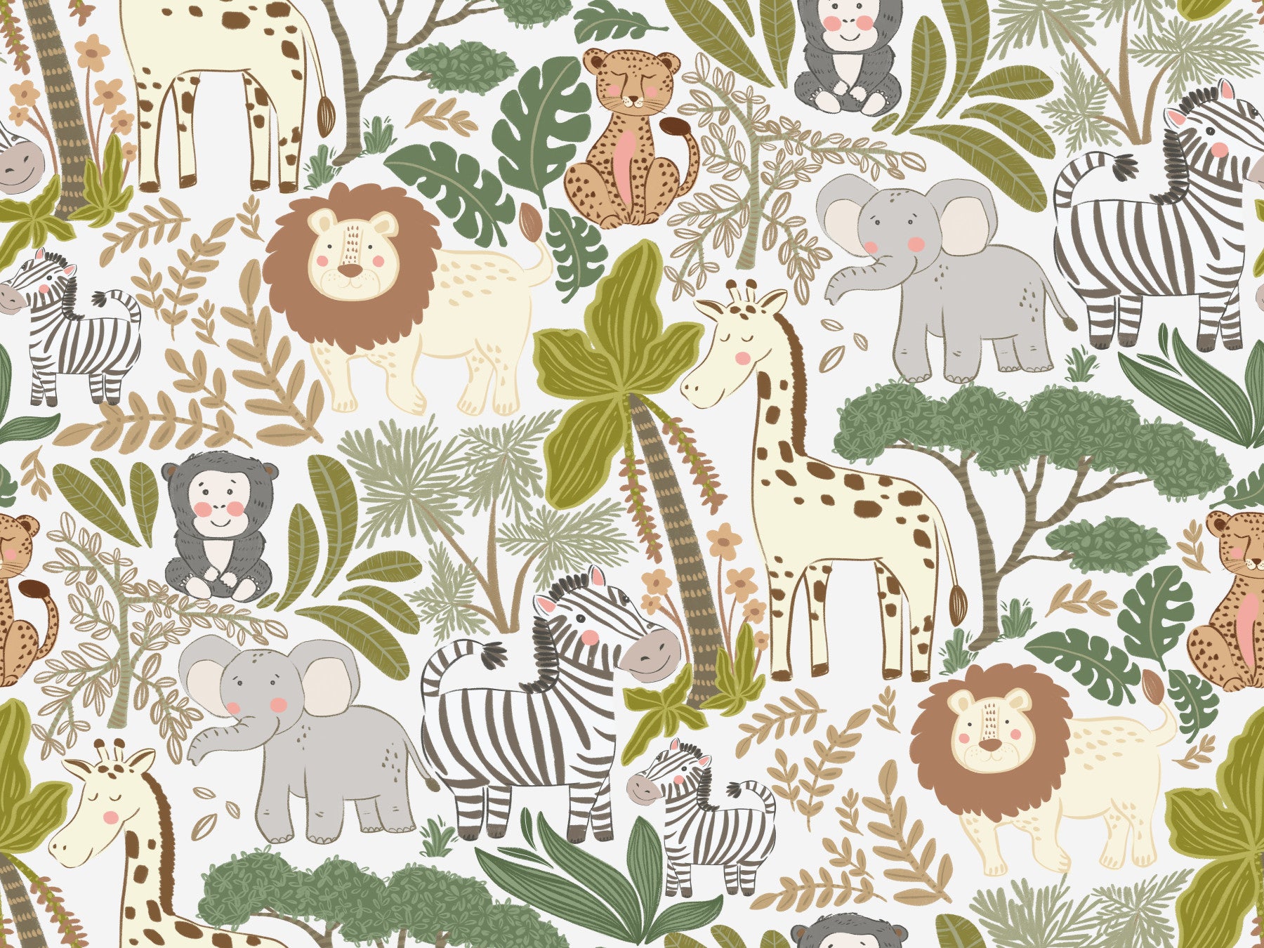 Cute animal wallpaper with giraffes, zebras, elephants, and foliage