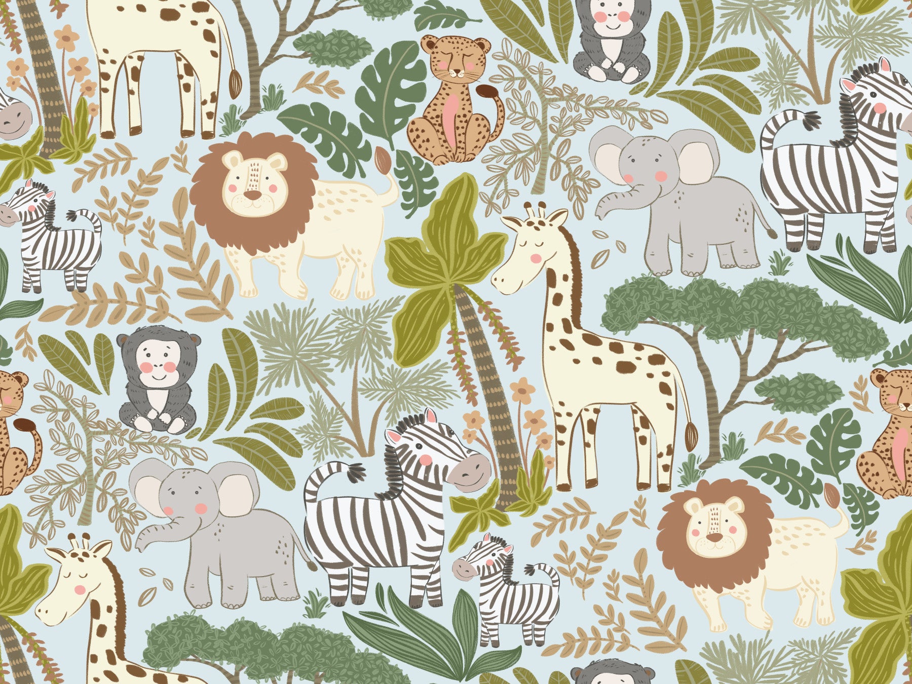 Nursery wallpaper showing Safari Pals giraffe, zebra, and elephant art