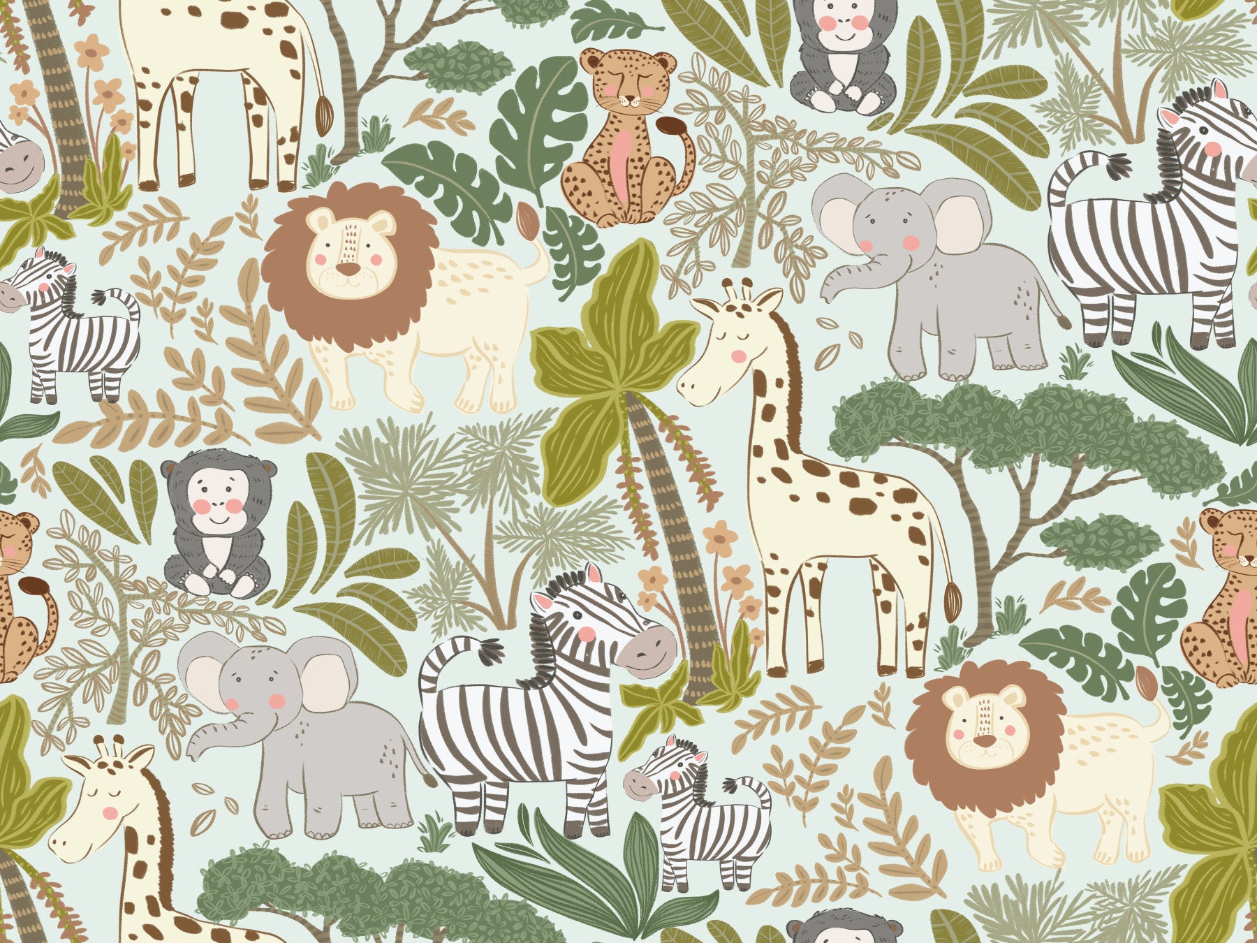 Safari Animal Wallpaper featuring lions, leopards, and leafy jungle art
