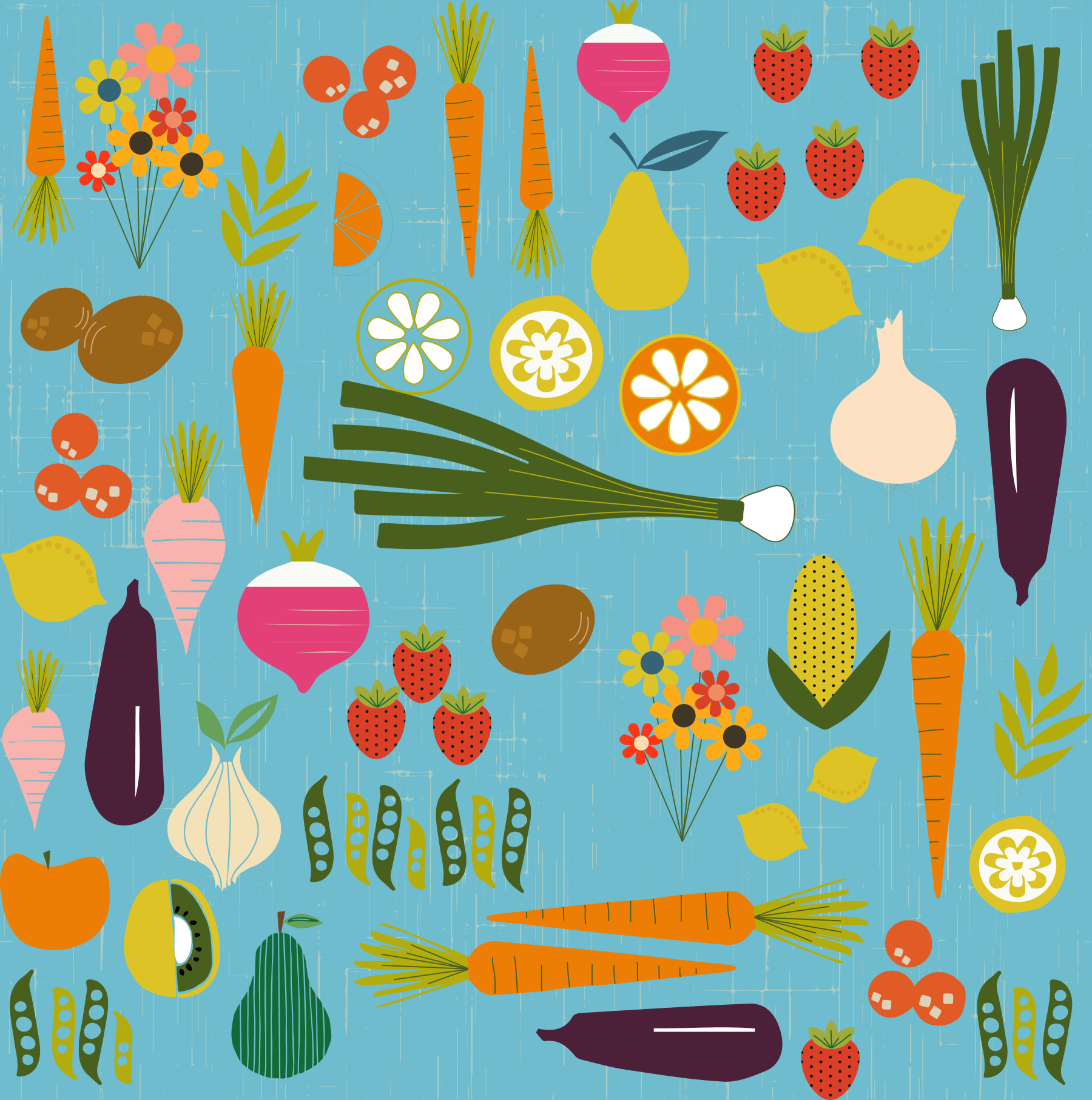 Kitchen wall with Blue Veggie Wallpaper and colourful harvest illustrations
