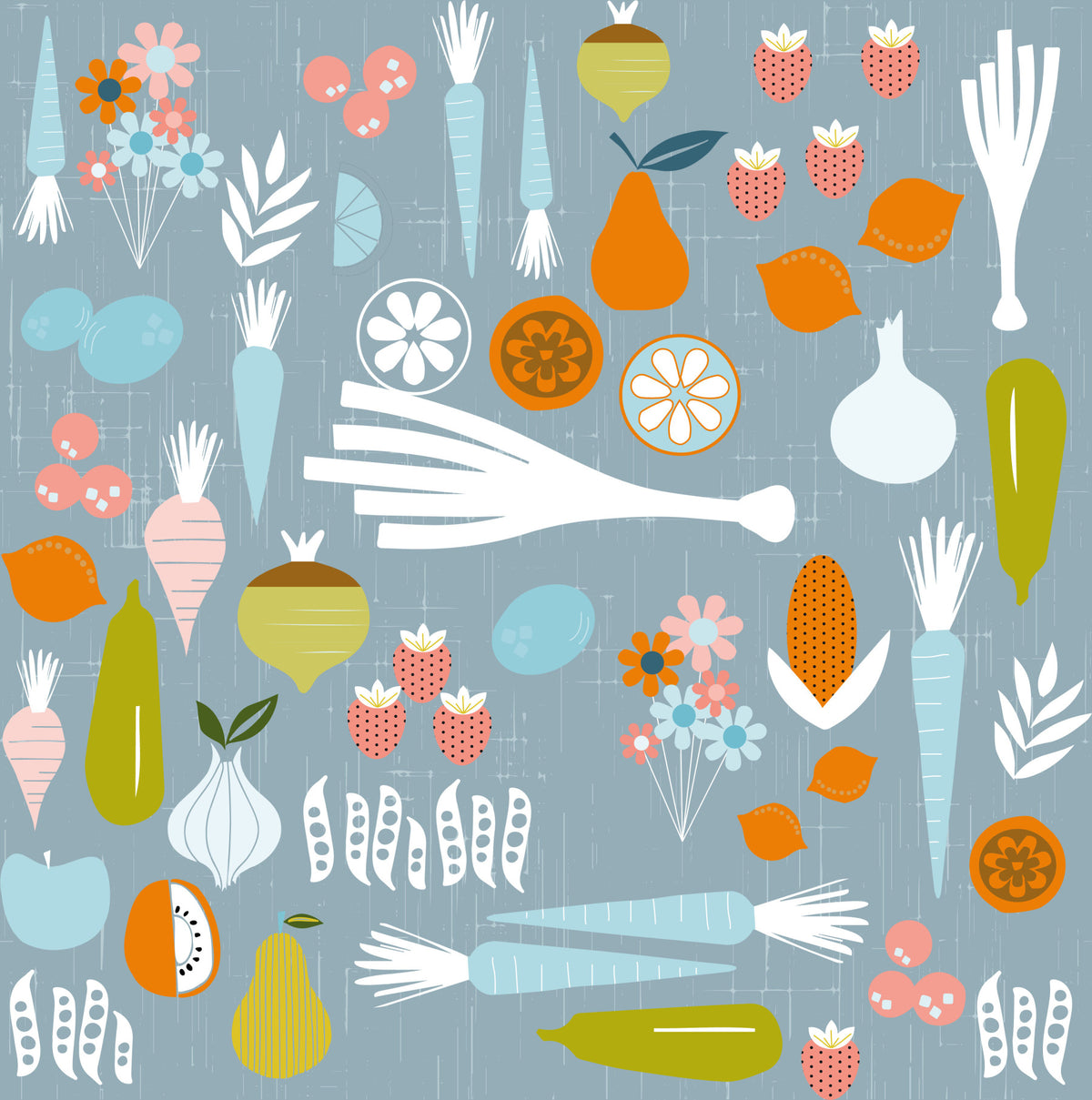 Dusty Blue Veggie Wallpaper Mid Century Modern Kitchen Wallpaper⁠ in your room — zoomed