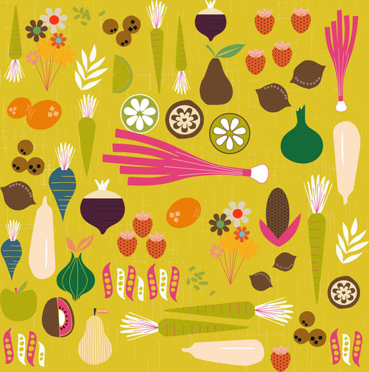 Mustard Vegetable Wallpaper Retro Kitchen Wallpaper⁠