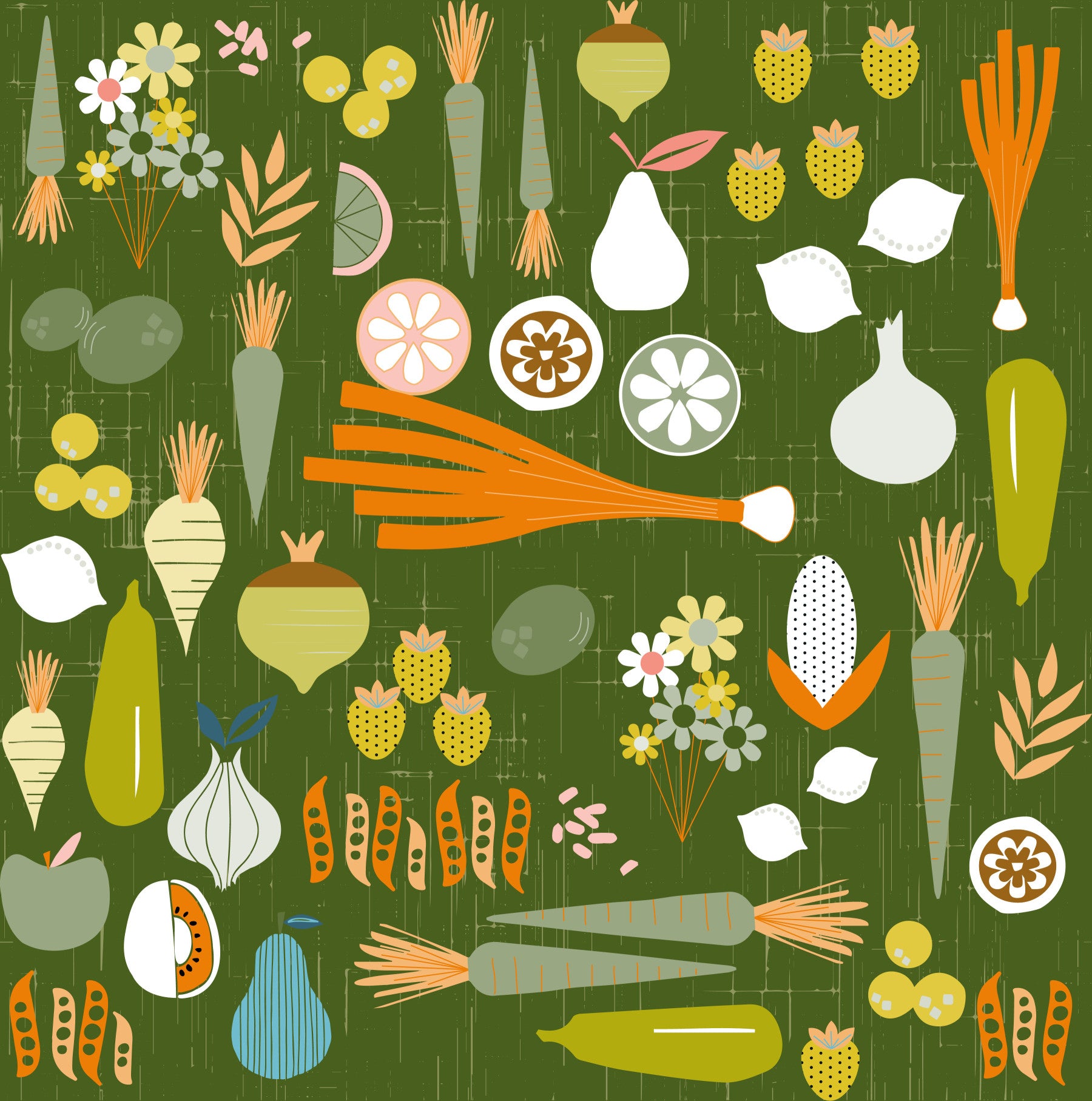 Kitchen wall with olive green vegetable wallpaper and retro produce pattern