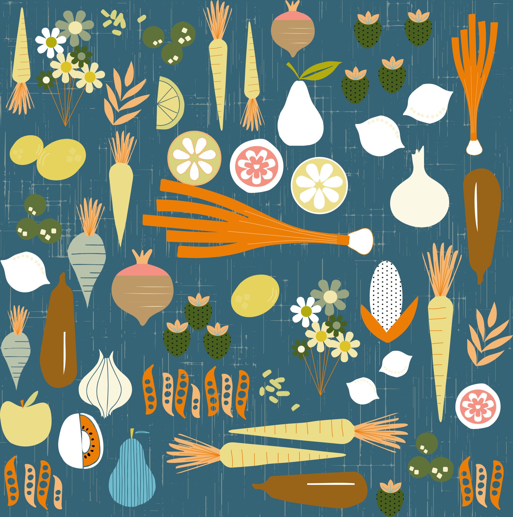 Teal Vegetable Wallpaper Retro Kitchen Wallpaper⁠