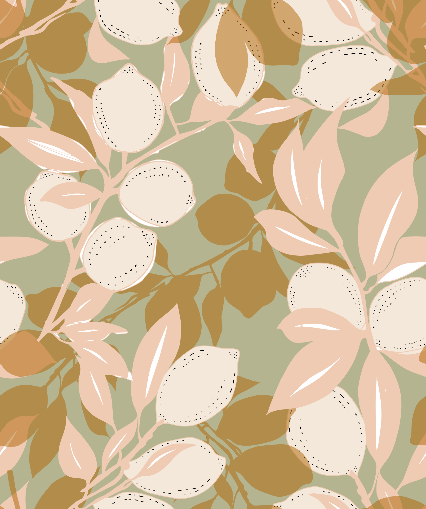 Cafe area wallpaper with Sage Lemon artwork and soft Mediterranean leaves