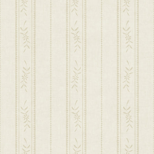 Vintage Ticking Stripe Vertical Linen With Floral Decor Cream Ivory Wallpaper⁠