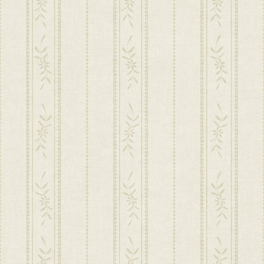 Vintage Ticking Stripe Vertical Linen With Floral Decor Cream Ivory Wallpaper⁠