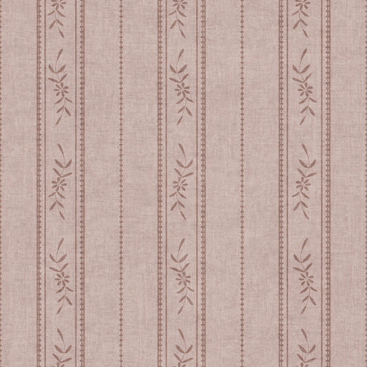 Vintage Ticking Stripe Vertical Linen With Floral Decor Dusty Rose Wallpaper⁠