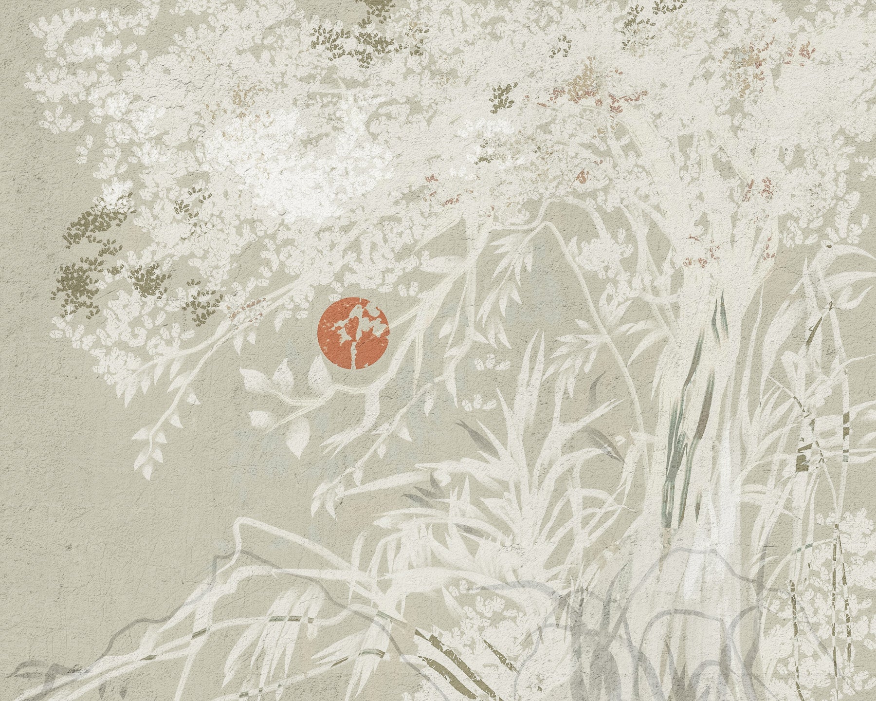 Living room Serene Japanese mural with Red Moon and Oriental Landscape