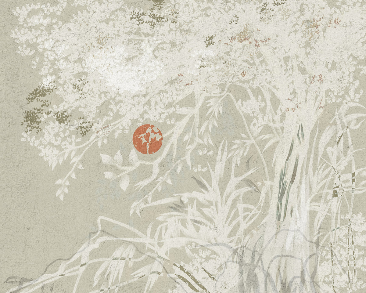 Serene Japanese Oriental Botanical Landscape With Red Moon  Wall Mural in your room — zoomed