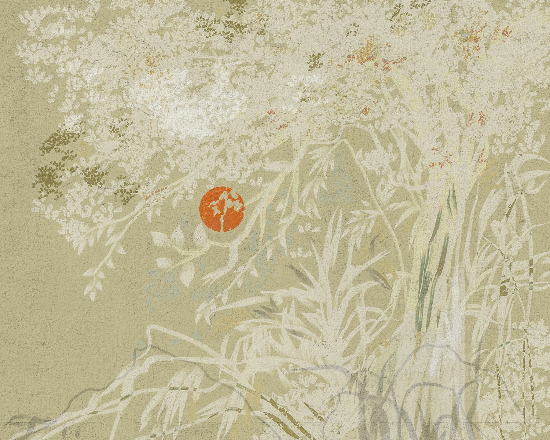 Living room Japanese Sunrise Wall Mural with weathered white branches