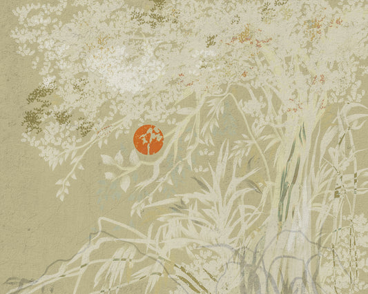Zen Japanese Botanical Sunrise Japandi style Landscape with weathered White  Wall Mural
