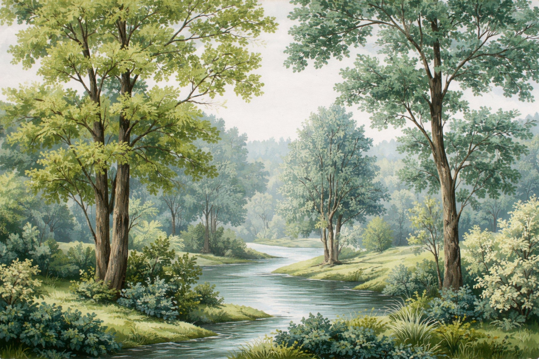 Living room wall mural with Forest River Serenity and soft woodland scenery
