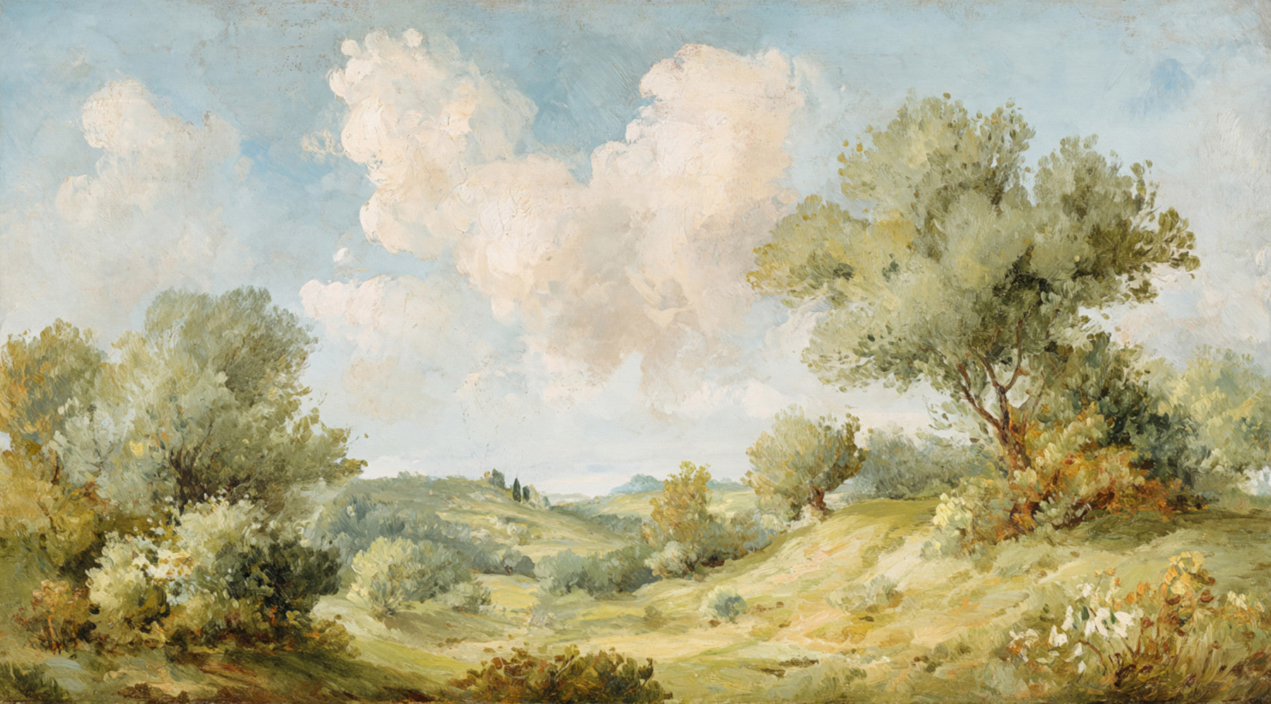 Timeless Hills wall mural with open sky, green slopes, and tree forms