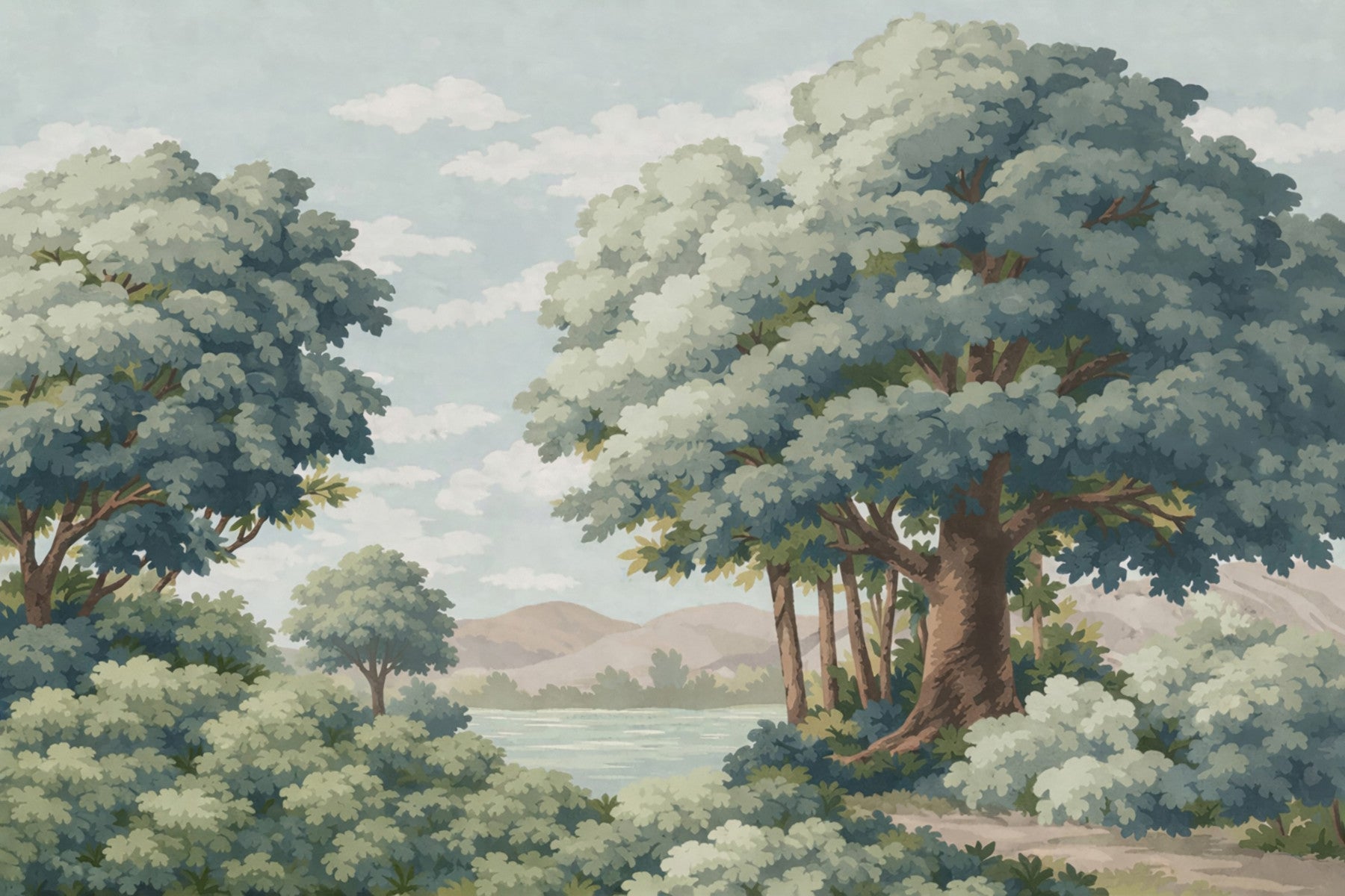 Dining room wall mural with Verdant Horizon Lake and soft green tree canopies