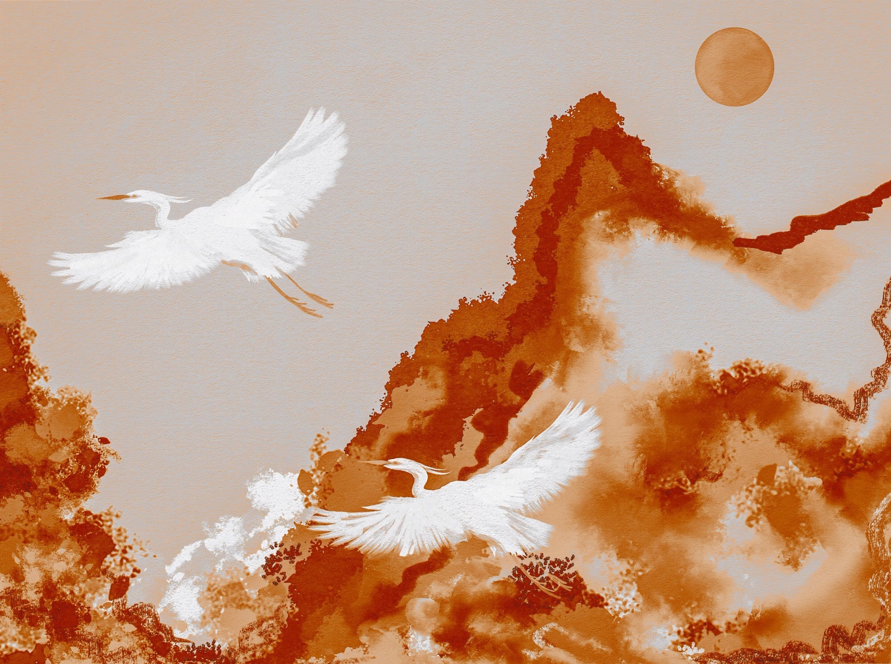 Living room wall mural with Ochre Horizon Cranes and misty mountain forms