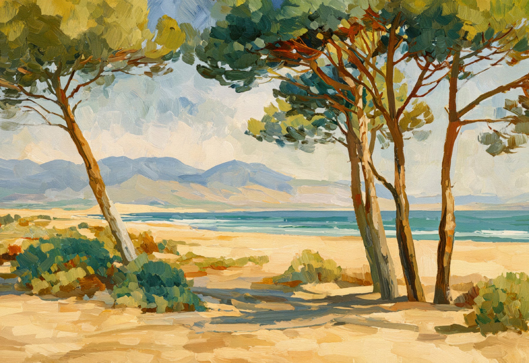 Dining room wall mural with Coastal Pine Serenity and sunny beach scenery