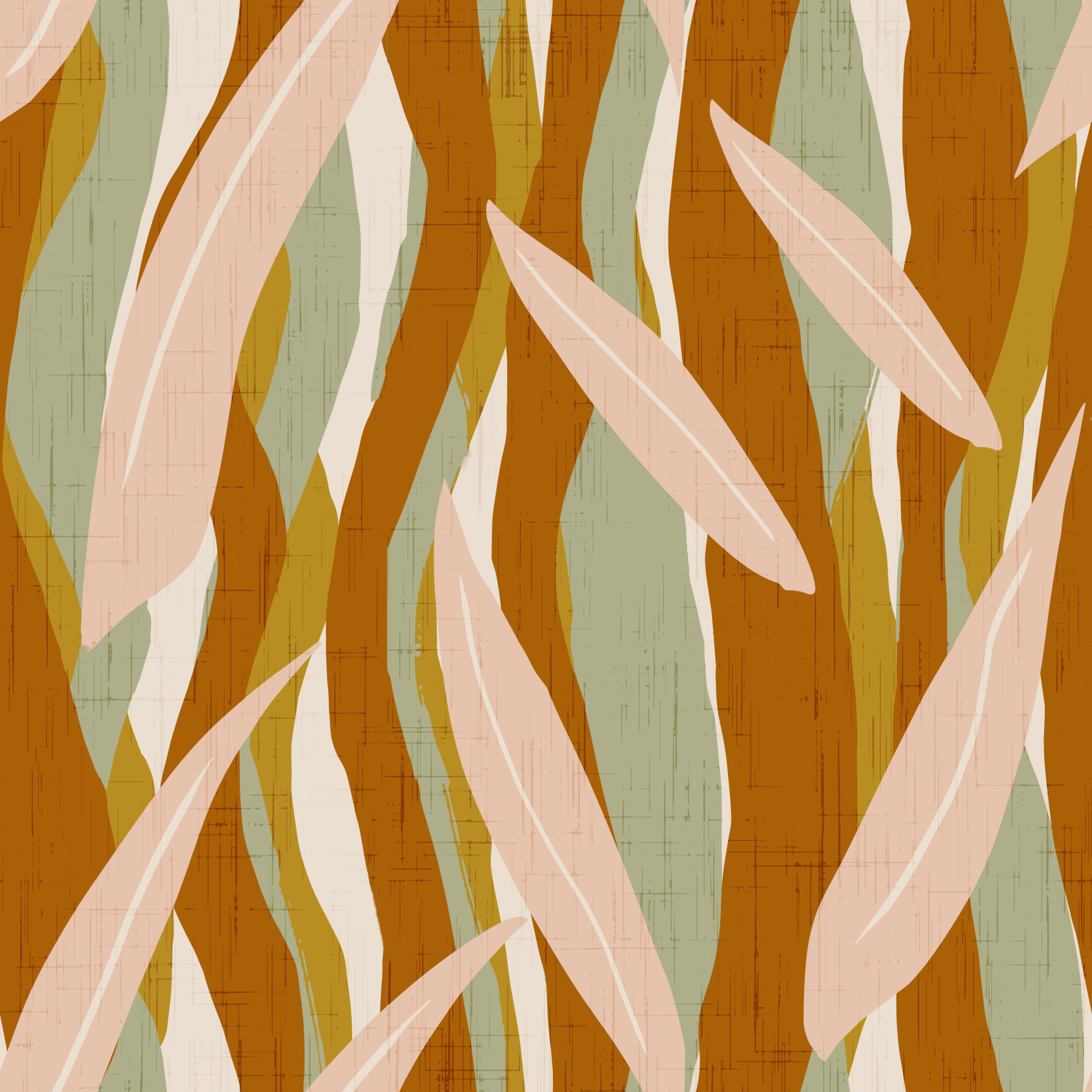 Living room with Terracotta Olive Leaf Wallpaper and flowing organic stripes