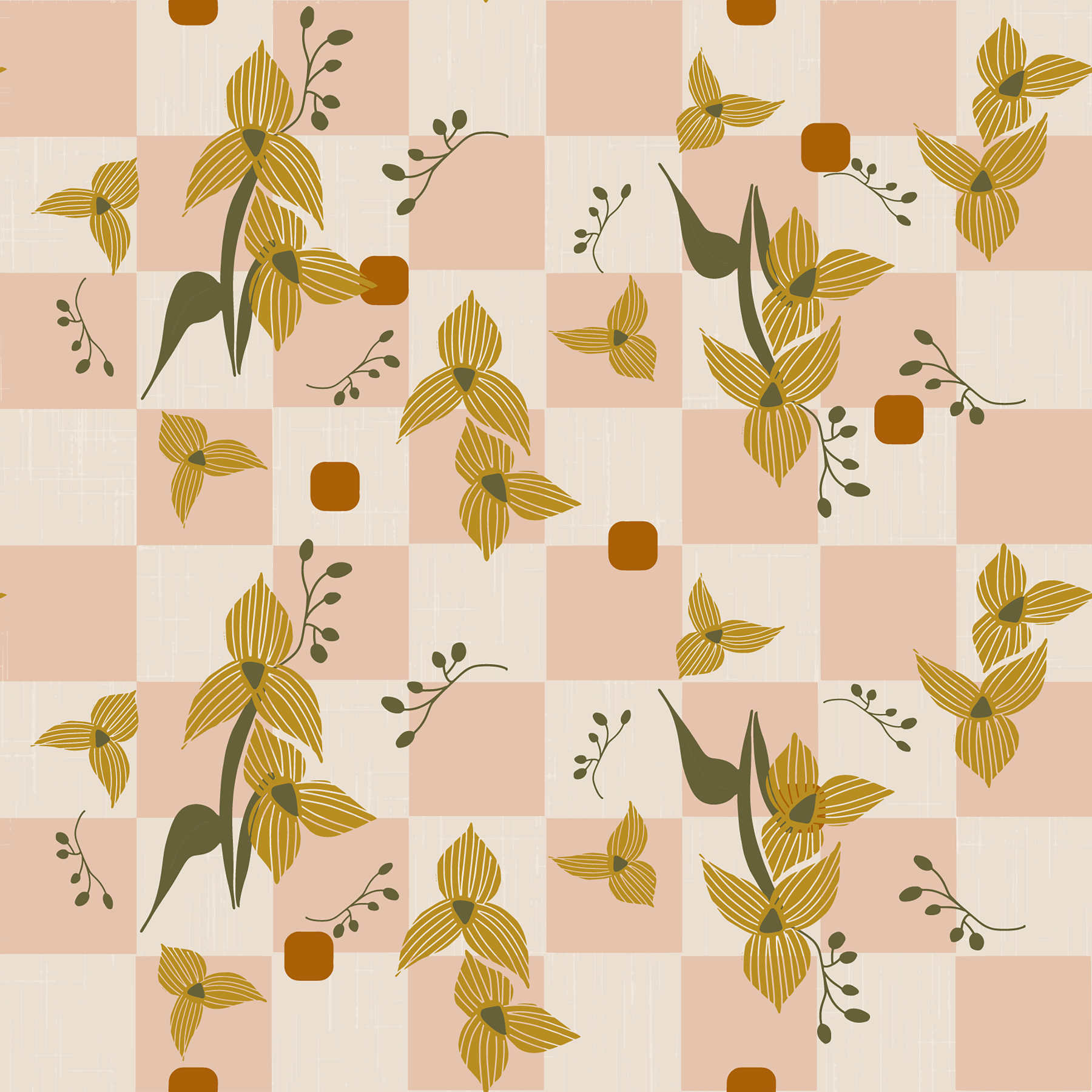 Pink Checker Floral Wallpaper Retro Boho Wallpaper⁠ in your room — zoomed