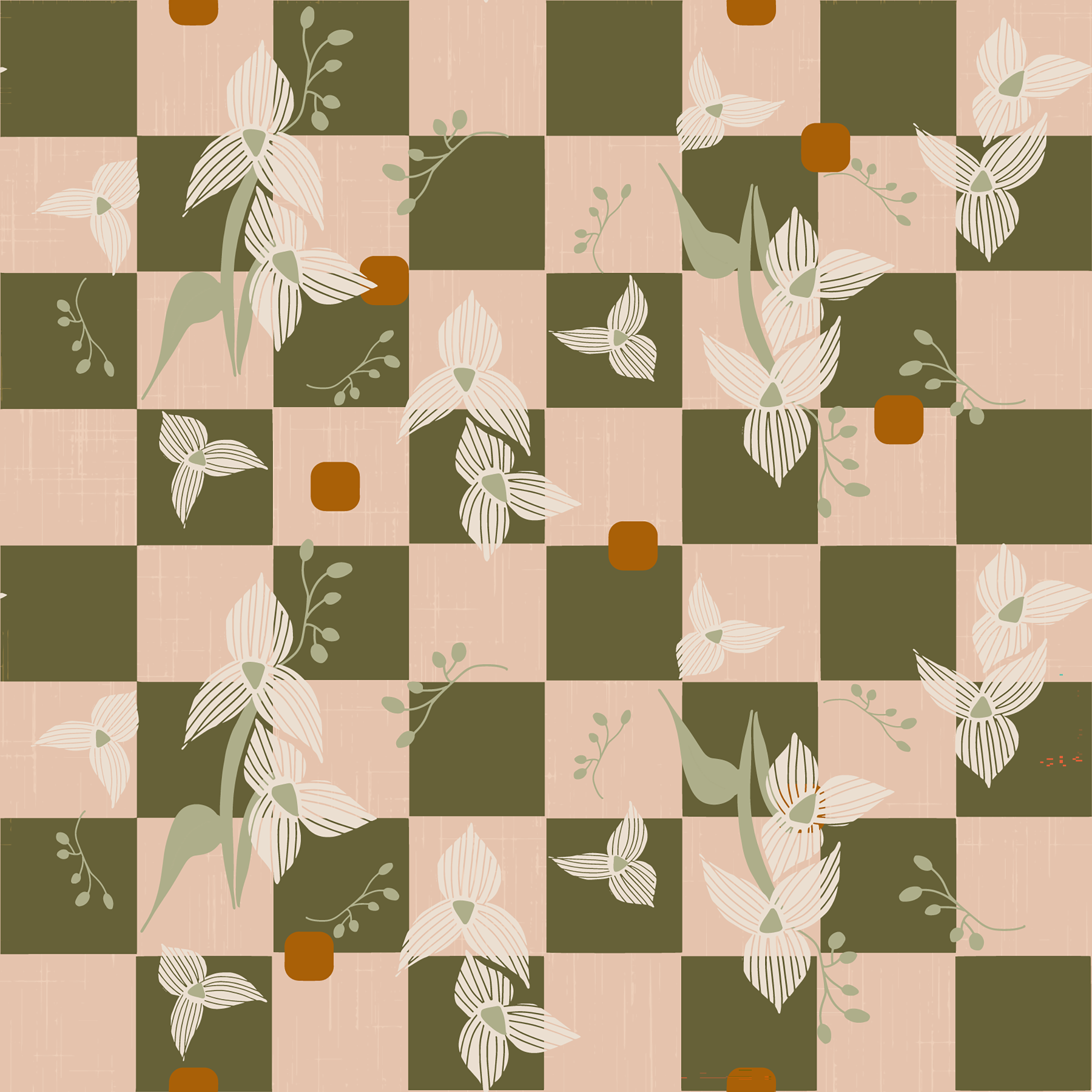 Office area with Olive Checker Floral Wallpaper in a warm retro boho pattern