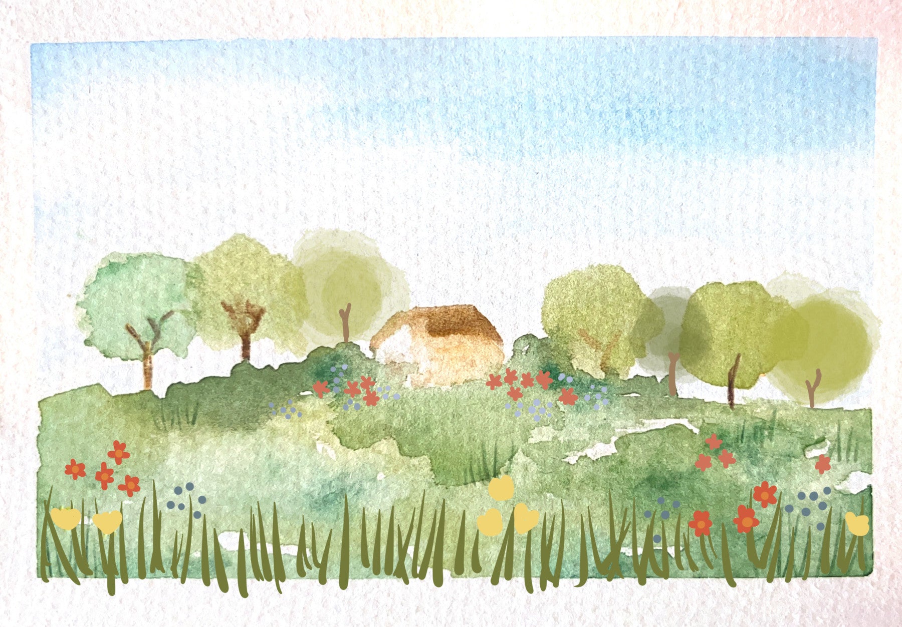 Hallway Watercolor Country Home wall mural with meadow flowers