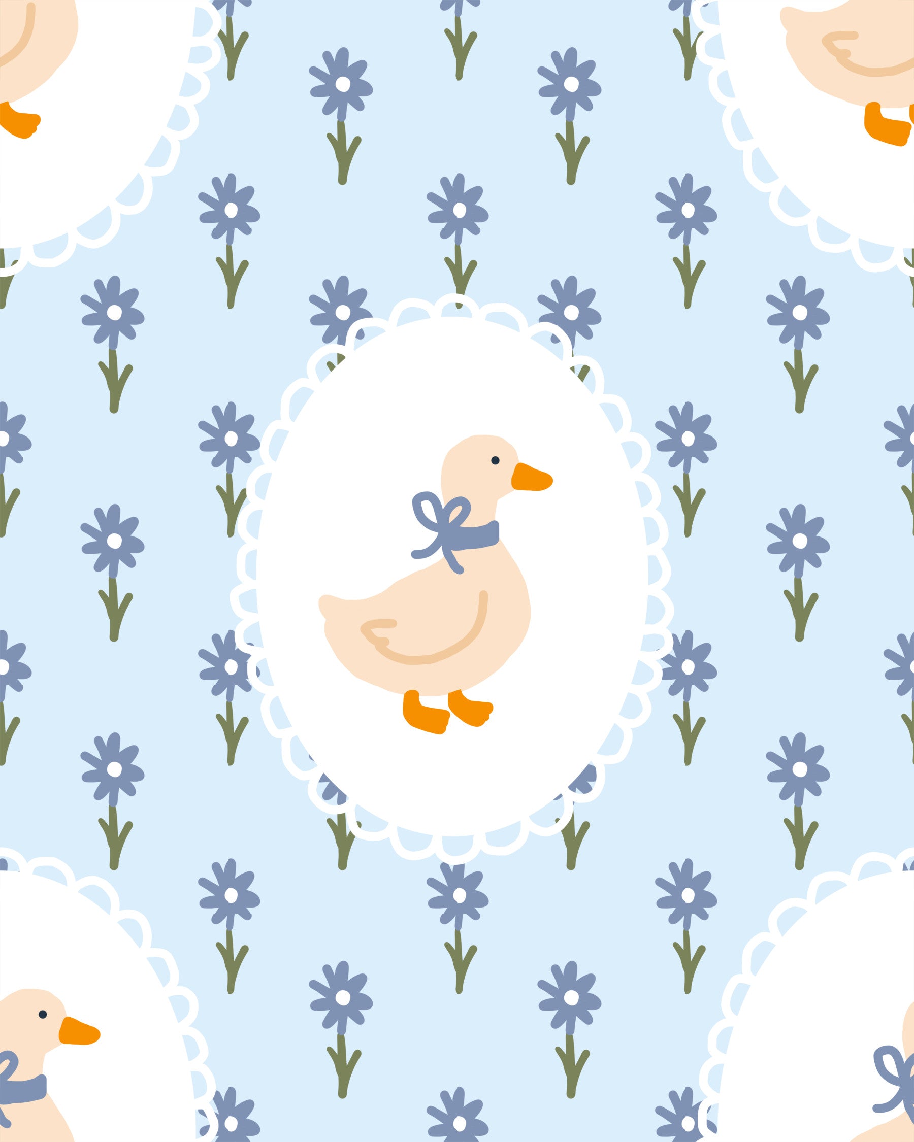 Bedroom Goose Cottage Floral Wallpaper with blue flowers and framed goose motif