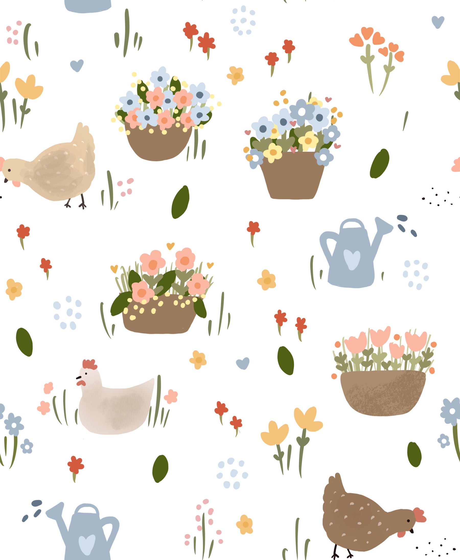 Flower basket wallpaper with hens and gentle pastel botanical touches