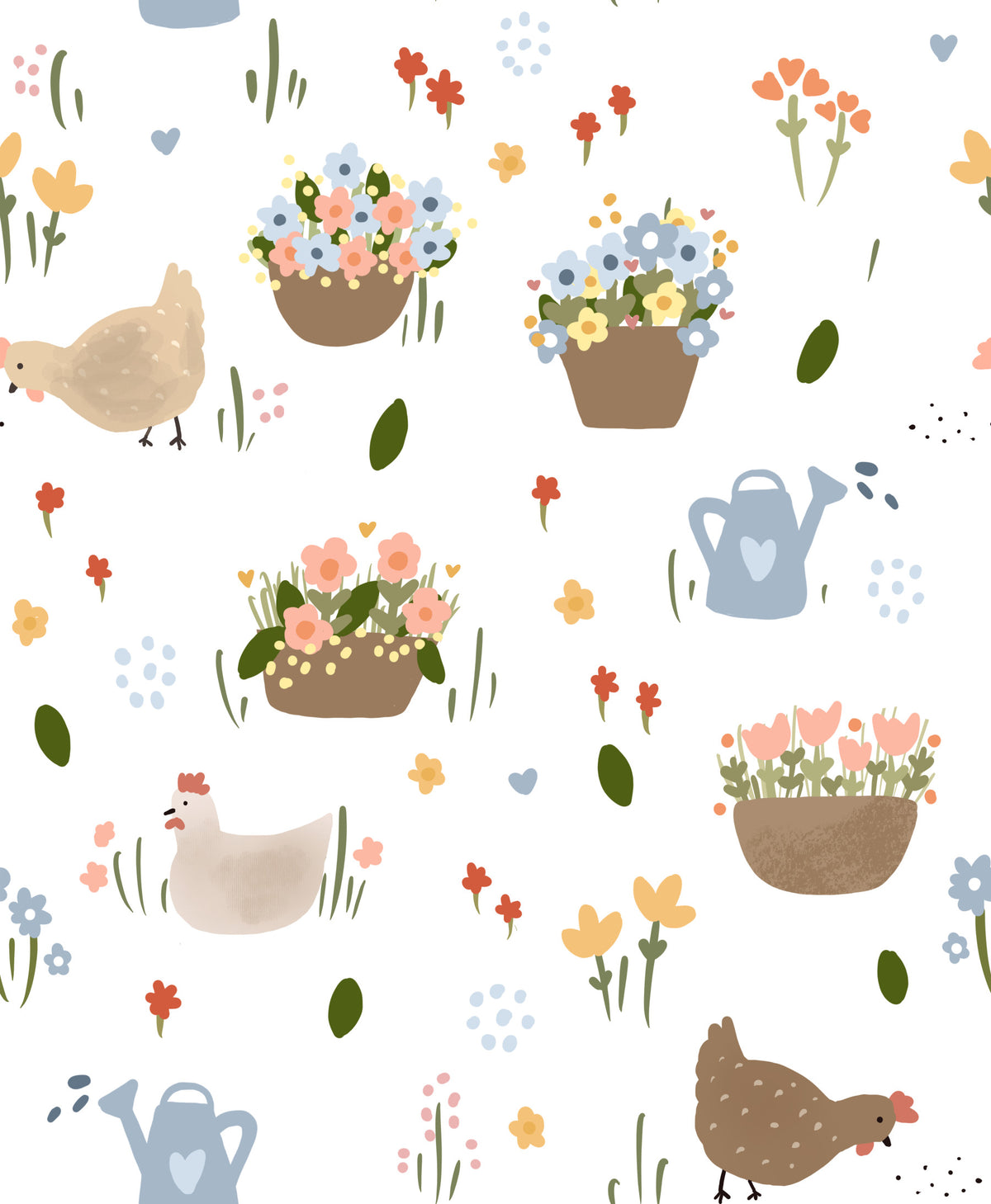 Whimsical Hen & Flower Patch Wallpaper⁠ in your room