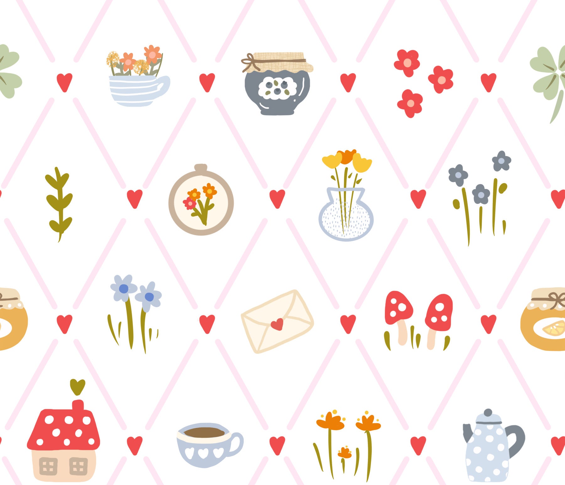 Dining room wallpaper with Cozy Cottage Charm hearts and floral lattice pattern
