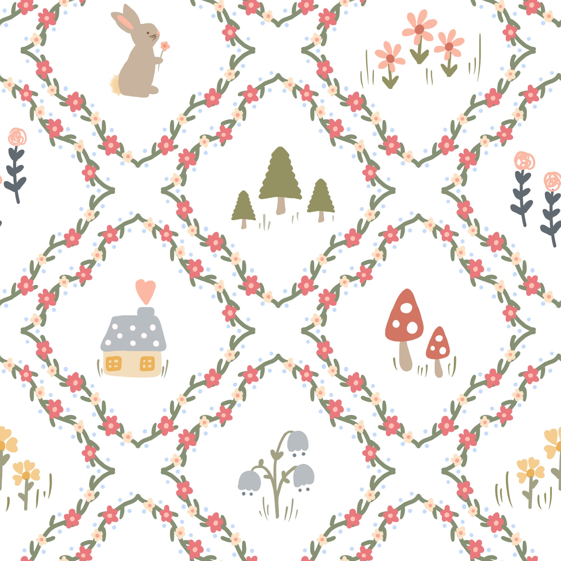 Whimsical Woodland Diamond wallpaper behind a teepee in a kids' room