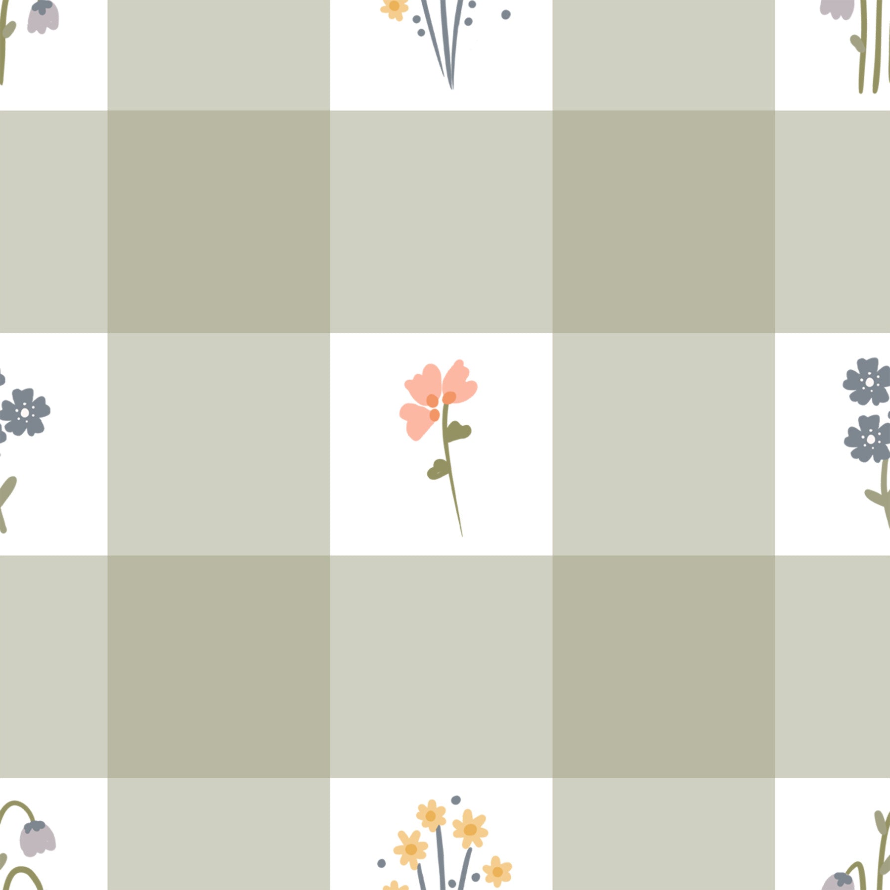 Gingham Floral wallpaper with sage checks in a living room setting