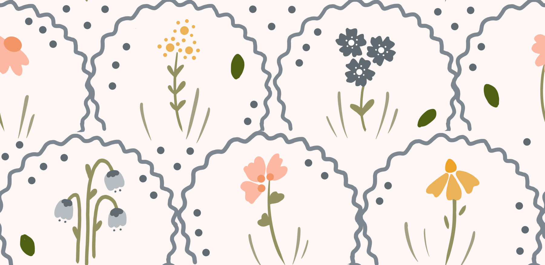 Living room accent with Victorian Wildflowers wallpaper behind a seating area