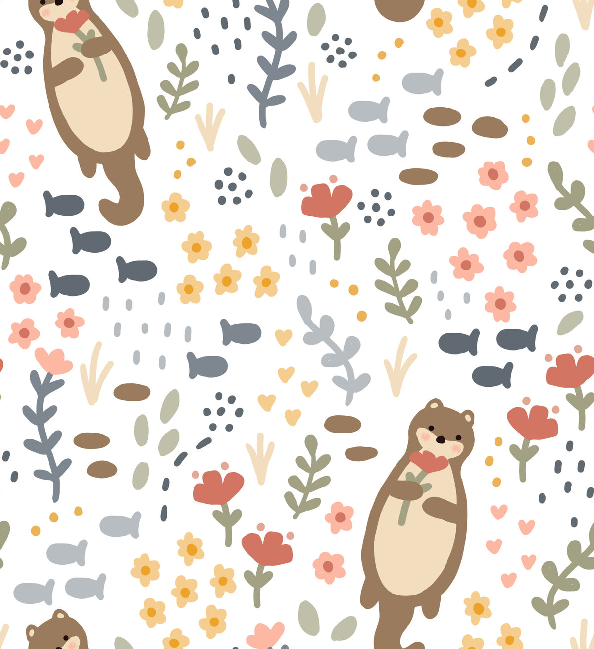Whimsical Otters & Wildflowers Wallpaper⁠