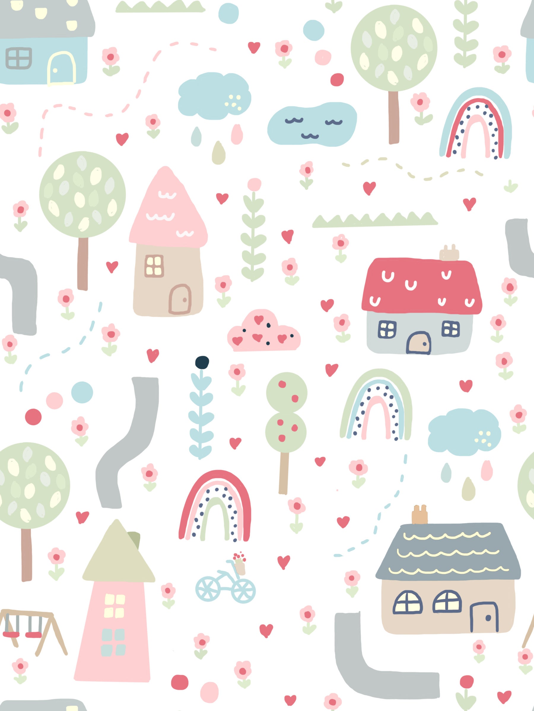 Nursery play area Baby Village wallpaper behind a pink toy 