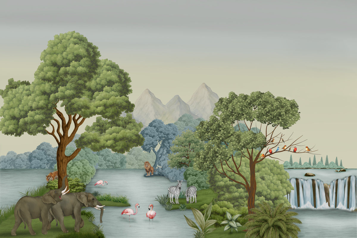 Safari River Oasis Wall Mural in your room — zoomed