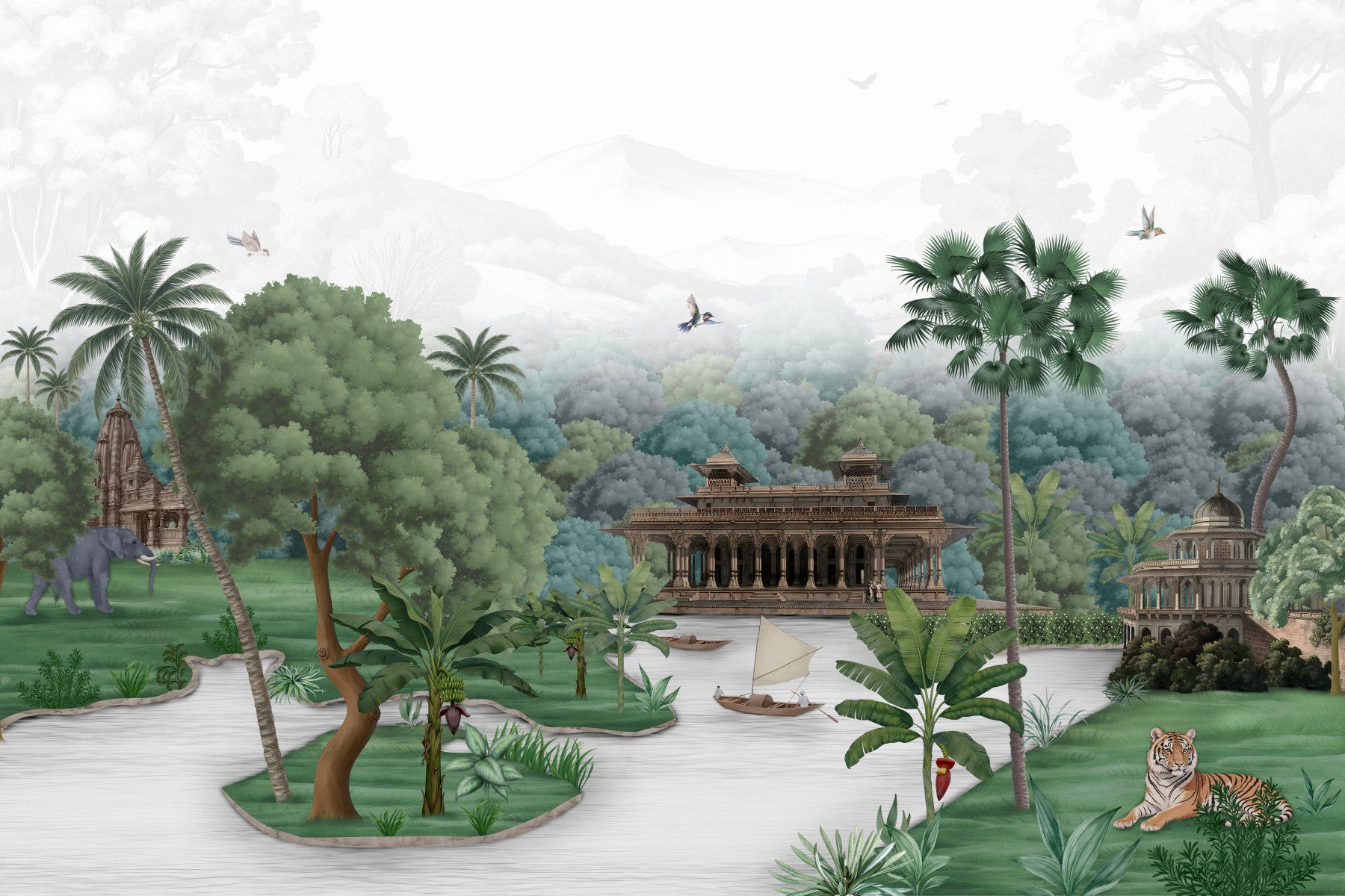 A living room paired with Jungle Palace wall mural, palms, an elephant and temples.