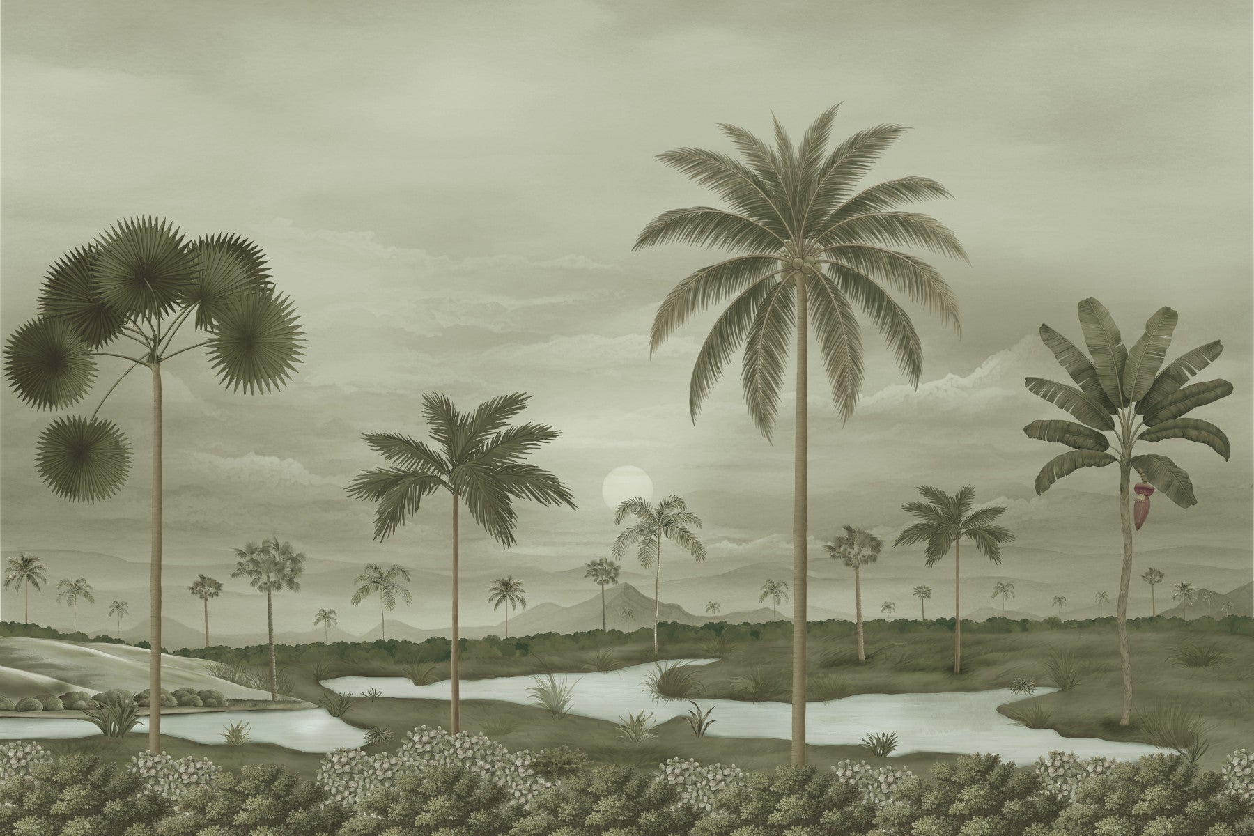 Muted Riverbend Wall Mural with soft sky tones and layered palm silhouettes