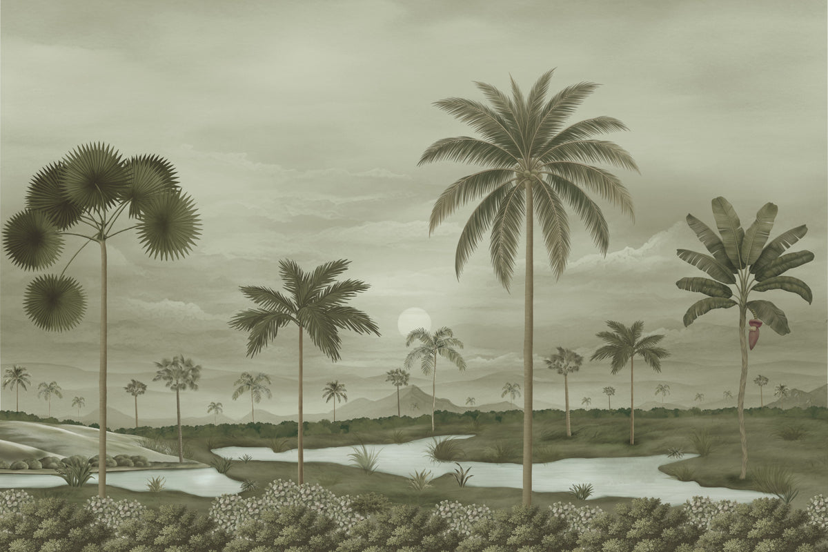 Muted Tropical Riverbend Wall Mural in your room — zoomed