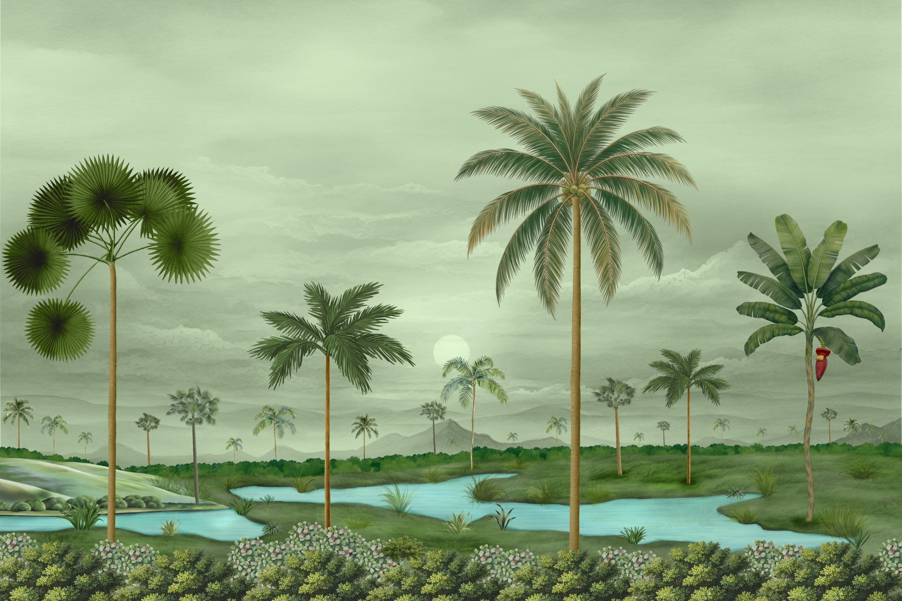 Dining room Lush River Palms mural with layered greenery and scenic depth