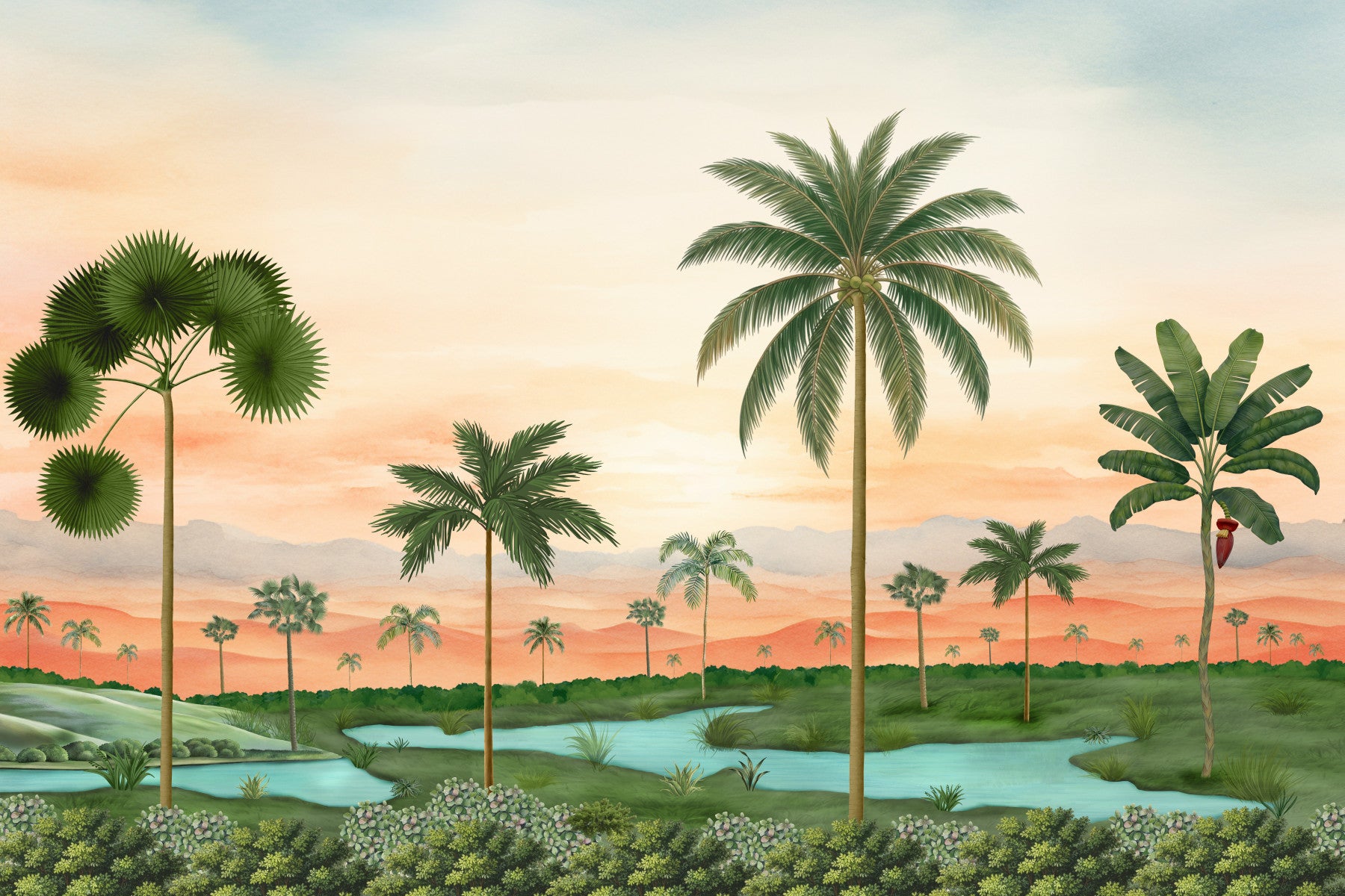 Lush Tropical wall mural unfolds a calm living room with palms and water.