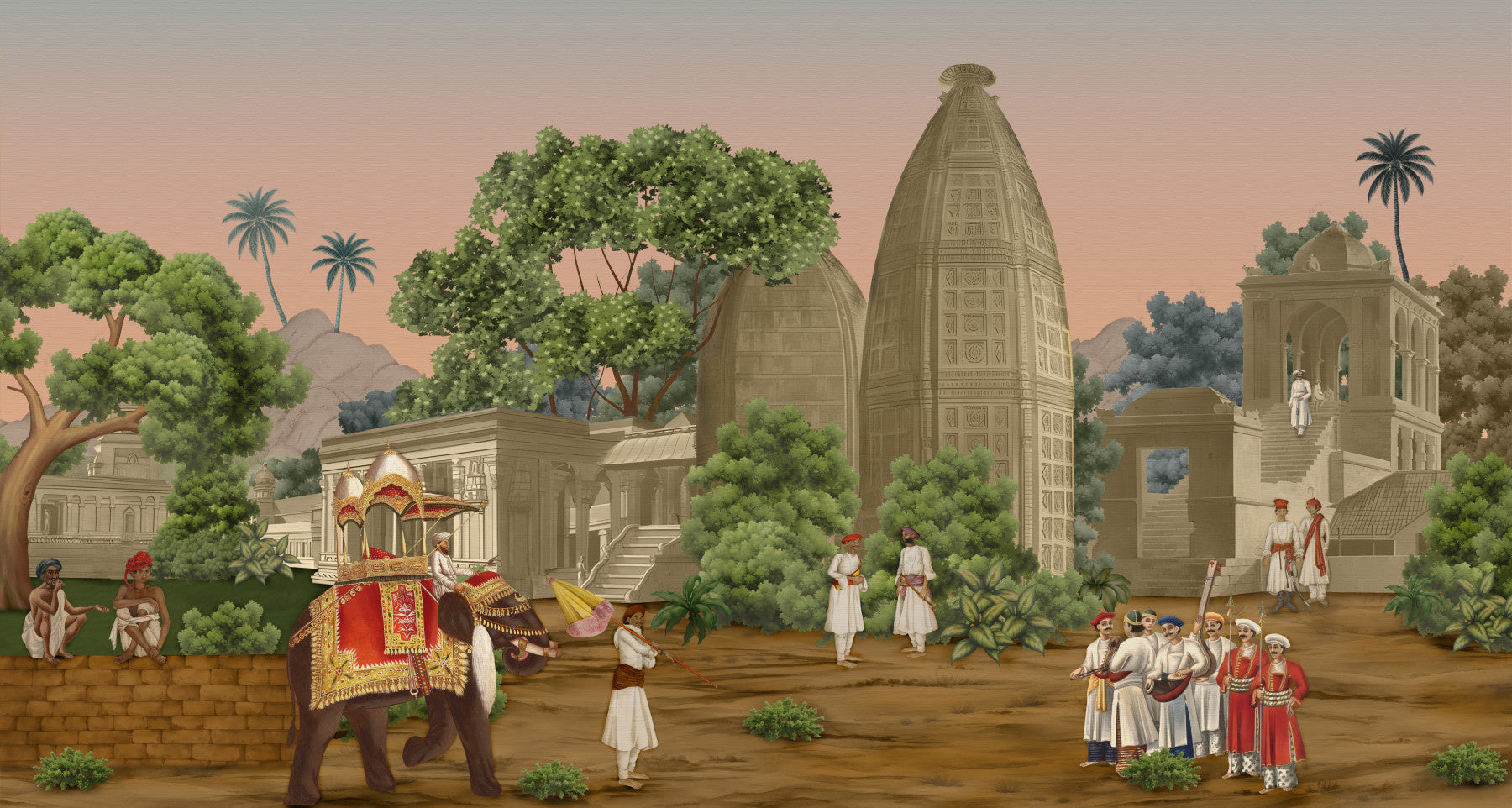 A spacious living room displays the complete Royal Procession wall mural perfectly.