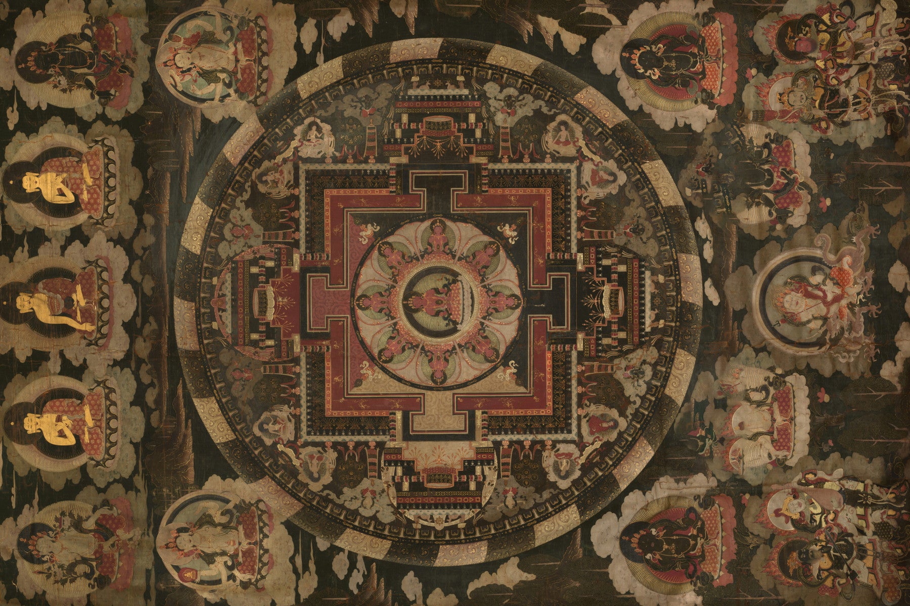 the Ancient Cosmic Harmony wall mural ground this modern dining room.