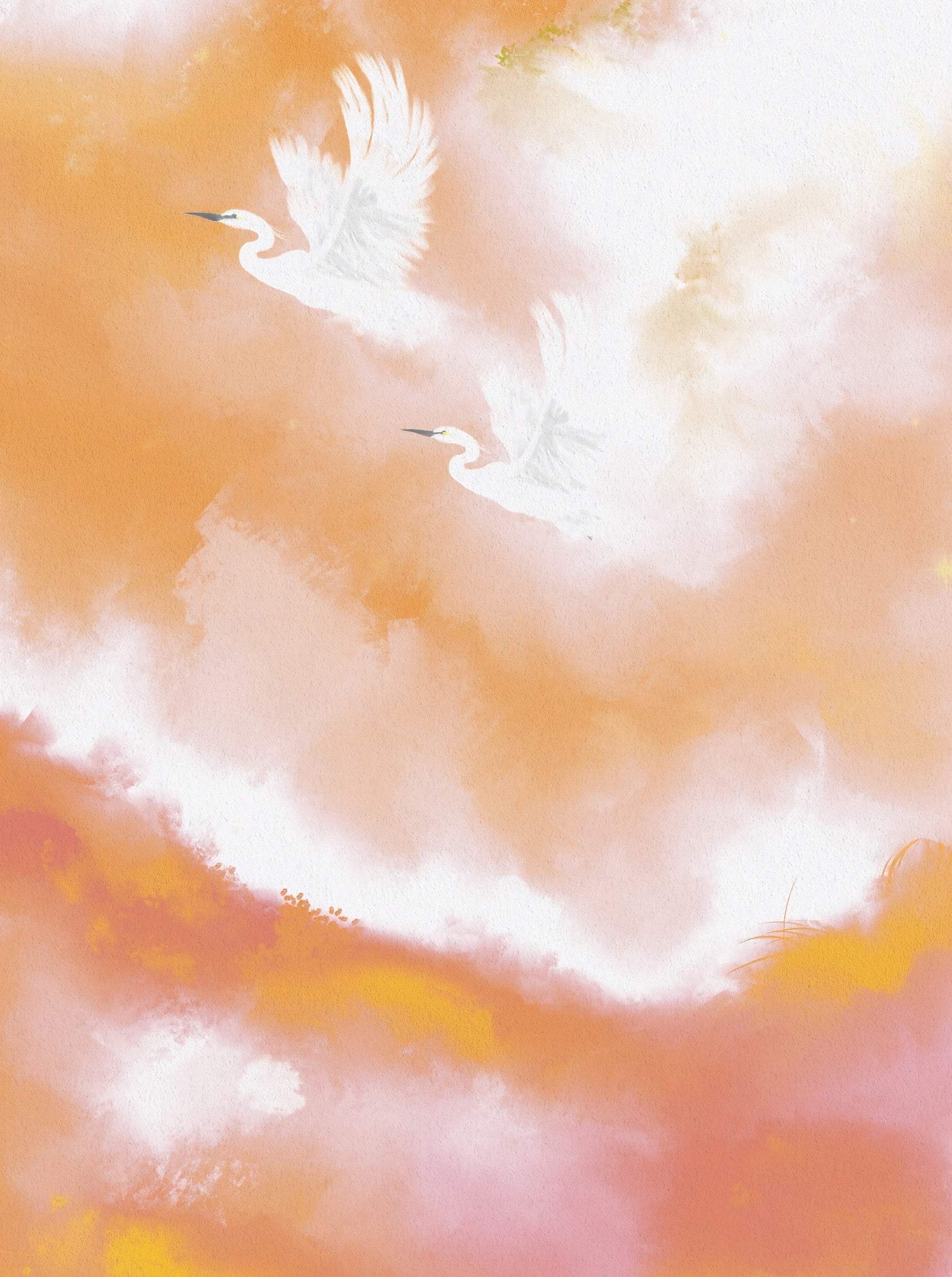 Ethereal Flight at Dawn Birds Peach Watercolor  Wall Mural in your room — zoomed