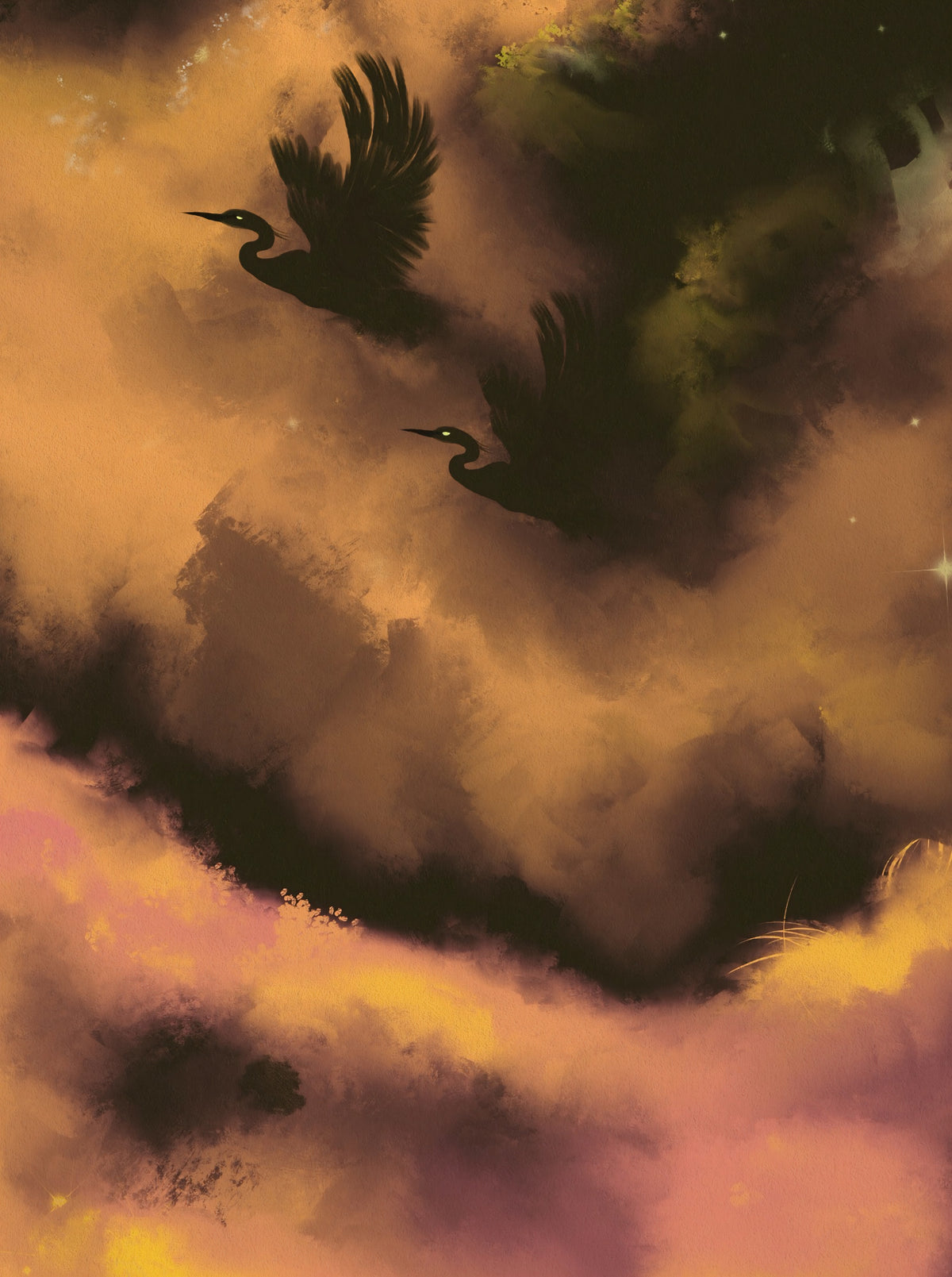 Ethereal Flight Moody Mystical Watercolor Dark Wall Mural in your room — zoomed