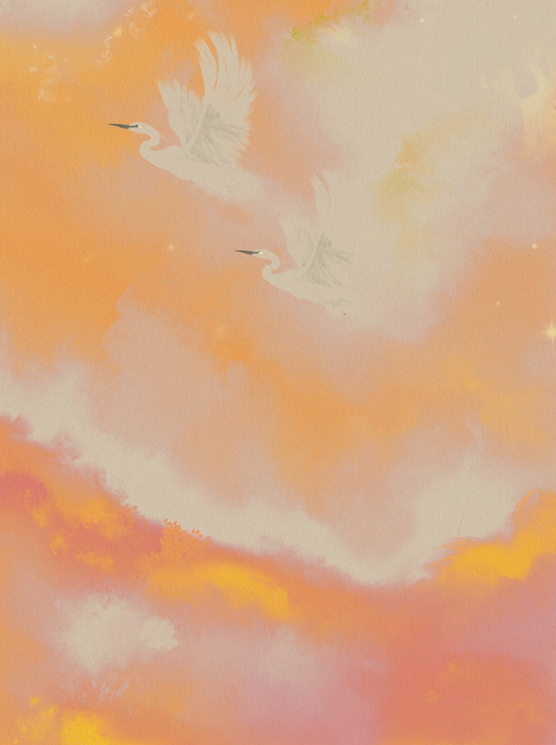 Soaring Dreams in Sunset Hues Peach Watercolor Birds Wall Mural in your room — zoomed